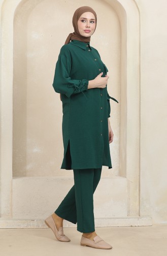 Ensemble Double Pantalon Tunique Boutonné Avec Poches 1007-03 Vert Emeraude 1007-03