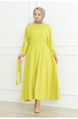 Gathered Waist Belted Dress 2051-01 Acid Green 2051-01