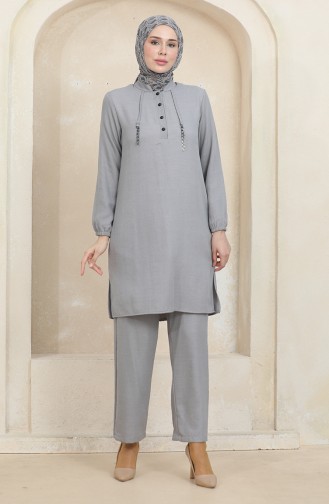 Button Detailed Tunic Trousers Two Piece Suit 1004-05 Gray 1004-05