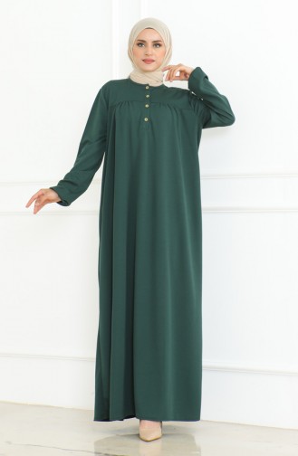 Buttoned Dress With Elastic Sleeves 3031-07 Emerald Green 3031-07