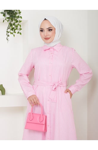 Terekoton Popeline-Knöpfe Detailliertes Vorne Gebundenes Gestreiftes Kleid 251-01 Pink 251-01