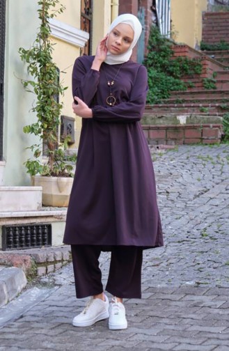 Kolyeli Tunik Pantolon İkili Takım 0583-04 Mürdüm