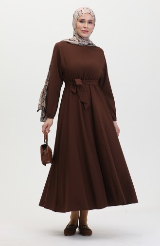 Gathered Waist Belted Dress 8006-02 Brown 8006-02