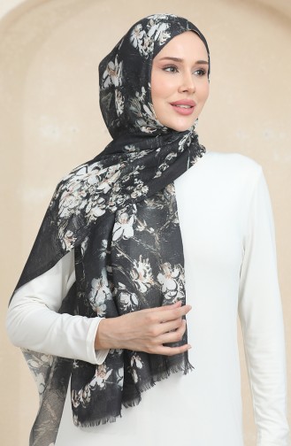 Floral Pattern Cotton Shawl 90175-03 Black 90175-03