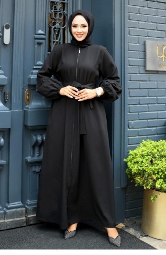 Balloon Sleeve Detailed Zippered Abaya Black 4420 519