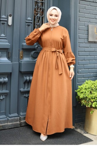 Abaya Zippée Détaillée Avec Manches Ballon Marron 4420 520