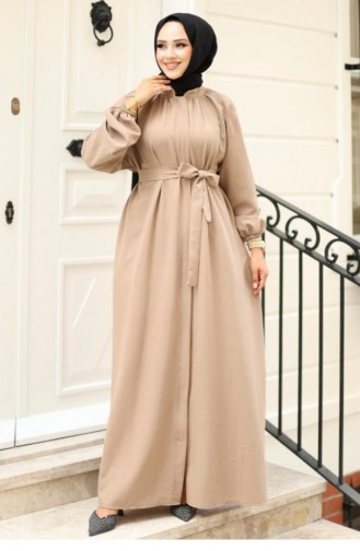 Hidden Zipper Belted Abaya Mink 4423 521