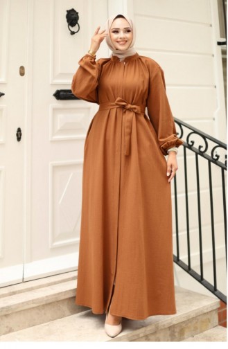 Hidden Zipper Belted Abaya Brown 4423 523