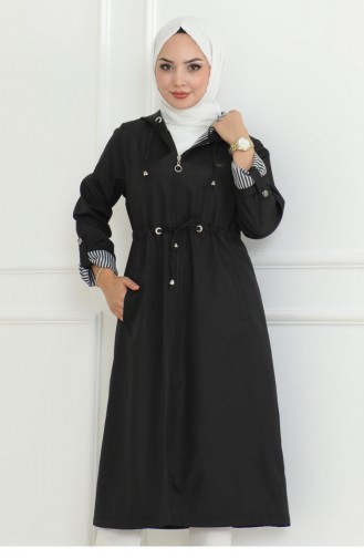 Hooded Zippered Trench Coat Black 19205 15283