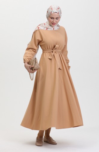 Gathered Waist Belted Dress 8006-04 Beige 8006-04