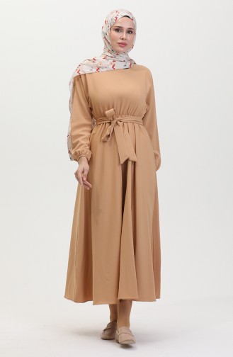 Gathered Waist Belted Dress 8006-04 Beige 8006-04