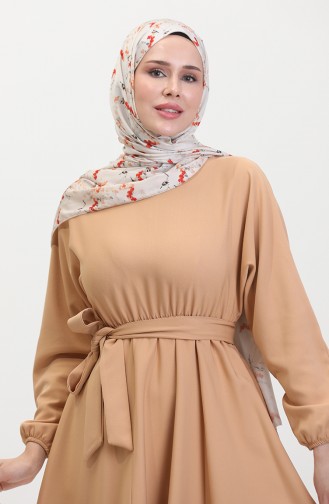 Robe à Ceinture Et Taille Froncée 8006-04 Beige 8006-04