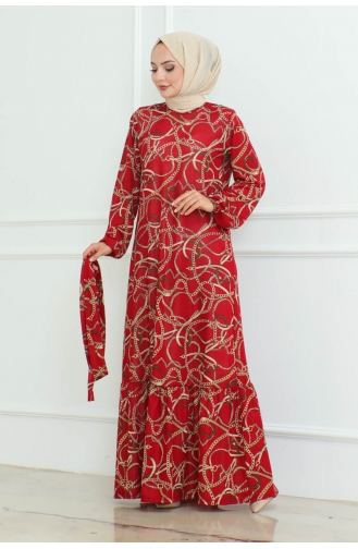 Gathered Chain Patterned Dress 9004-03 Claret Red 9004-03