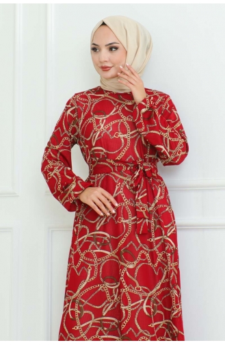 Robe à Motifs Chaîne Et Fronces 9004-03 Rouge Claret 9004-03