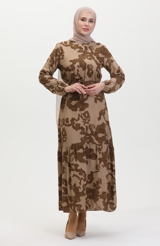 Pleated Patterned Dress 0451-04 Mink Brown 0451-04