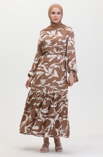 Patterned Belted Dress 0444-04 Brown 0444-04