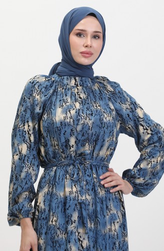 Belted Patterned Dress 0454-02 İndigo 0454-02