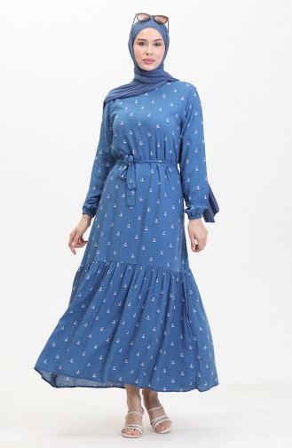 Anchor Pattern Belted Dress 0461-02 Indigo 0461-02