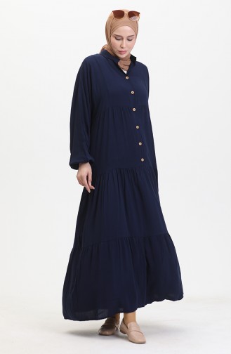 Buttoned Dress With Elastic Sleeves 0463-04 Navy Blue 0463-04