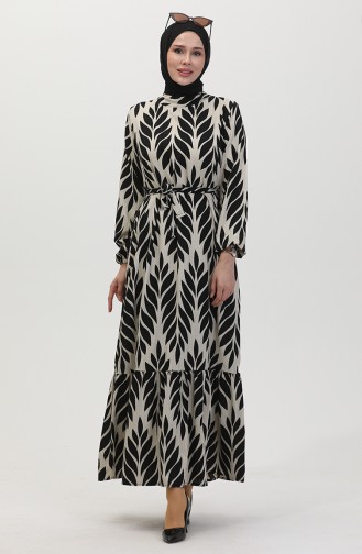 Leaf Patterned Belted Viscose Dress 0452-02 Black Cream 0452-02