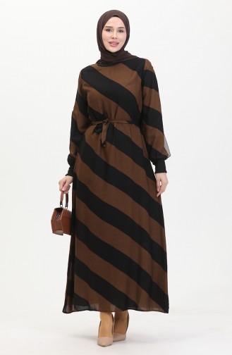 Geometric Patterned Belted Viscose Dress 0460-01 Black Brown 0460-01