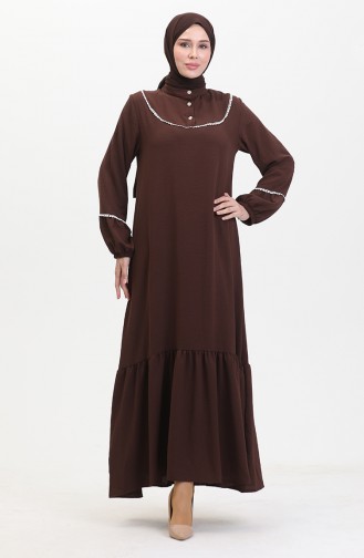 Embroidered Dress With Elastic Sleeves 0470-05 Brown 0470-05