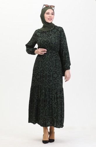 Patterned Belted Viscose Dress 0469-02 Dark Green 0469-02