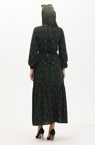 Patterned Belted Viscose Dress 0469-02 Dark Green 0469-02