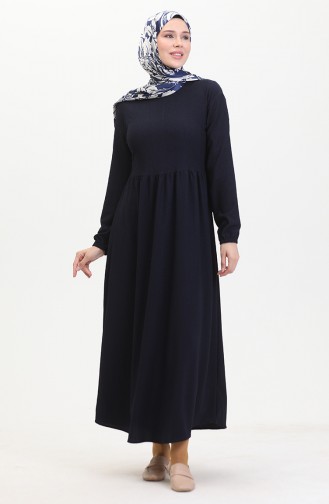 Crepe Fabric Pleated Waist Dress 1016-01 Navy Blue 1016-01