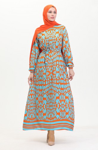 Patterned Belted Viscose Dress 0473-04 Orange 0473-04