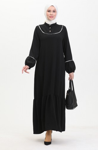 Besticktes Kleid Mit Elastischen Ärmeln 0470-01 Schwarz 0470-01