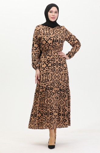 Patterned Belted Viscose Dress 0469-05 Milk Coffee 0469-05