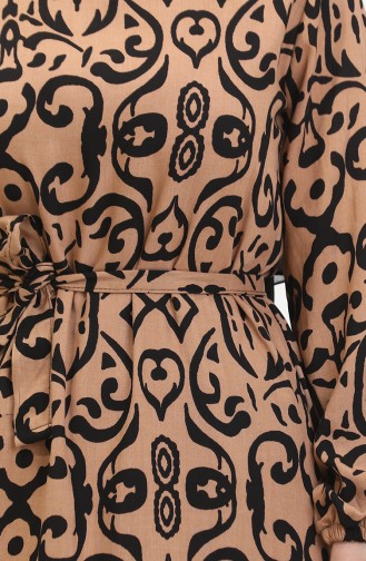 Patterned Belted Viscose Dress 0469-05 Milk Coffee 0469-05