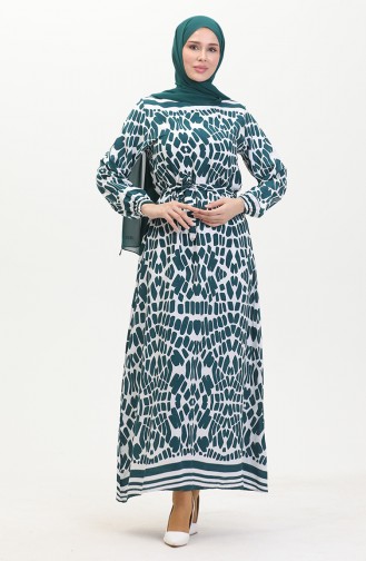 Patterned Belted Viscose Dress 0473-01 Emerald Green 0473-01