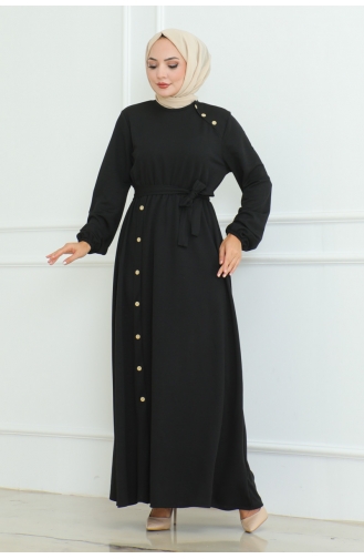 Schulterdetailliertes Kleid Mit Knöpfen 2090-01 Schwarz 2090-01