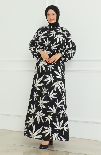 Robe à Motifs Et Ceinture 0477-05 Noir Blanc 0477-05