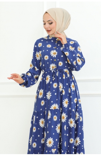 Robe Hijab à Motifs Marguerites 7118-02 Indigo 7118-02