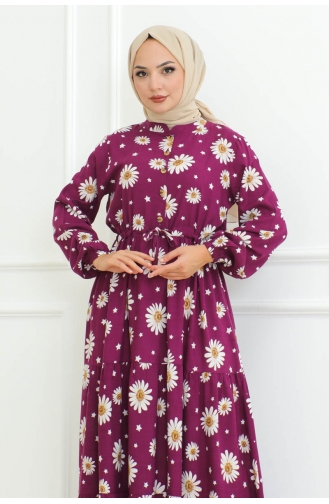 Daisy Patterned Modest Dress 7118-05 Plum 7118-05