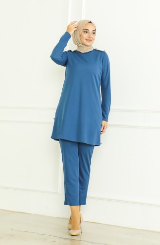 Buttoned Tunic Trousers Two-piece Suit 8025-03 İndigo 8025-03