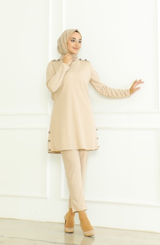 Buttoned Tunic Trousers Two-piece Suit 8025-07 Beige 8025-07