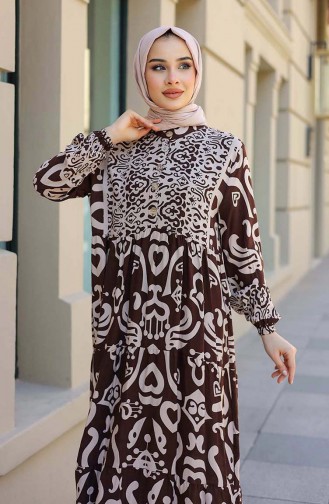 Patterned Half Placket Dress 4101-02 Brown 4101-02