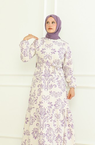 Patterned Belted Linen Dress 0471B-01 Beige Lilac 0471B-01