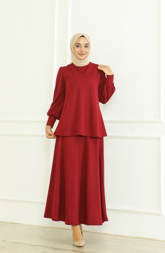 Ensemble Deux Pièces Tunique Jupe 8019-04 Rouge Claret 8019-04