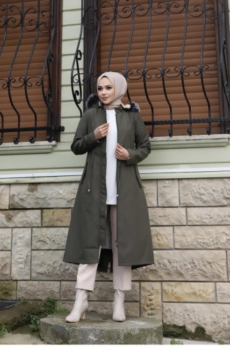 Hidden Placket Hijab Khaki Coat 376