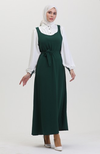 Belted Vest Dress 0490-01 Ecru Emerald Green 0490-01