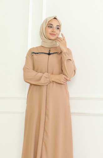 Elasticated Sleeve Zippered Abaya 0475-02 Milk Coffee 0475-02