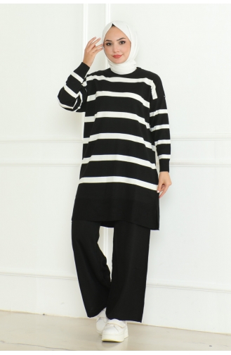 Striped Stylish Knitwear Suit 153-01 Black 153-01