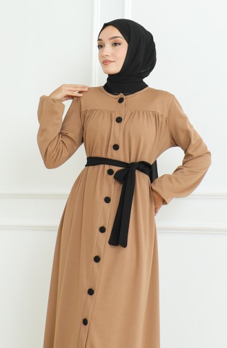 Buttoned Belted Abaya 8018-02 Milky Coffee 8018-02