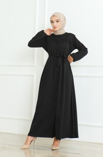 Buttoned Belted Abaya 8018-03 Black 8018-03