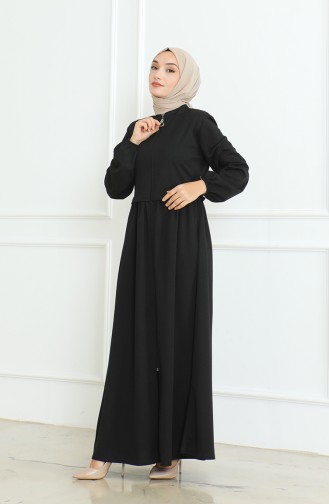 Elastic Sleeve Zippered Abaya 8022-02 Black 8022-02